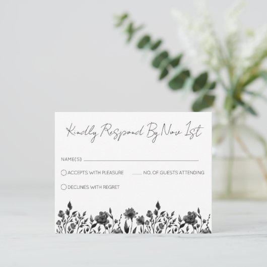 Eenvoudige Elegante Zwart-Wit Huwelijk RSVP Informatiekaartje (Staand voorkant)