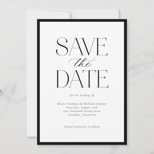 Eenvoudige elegante zwart-wit script foto save the date (Voorkant)