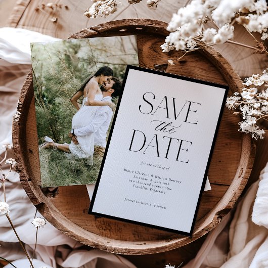 Eenvoudige elegante zwart-wit script foto save the date