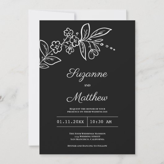 Eenvoudige elegante zwart witte bloemenbruiloft kaart (Voorkant)