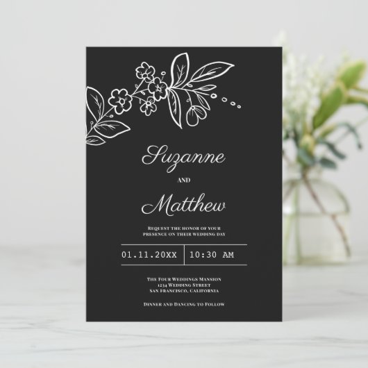 Eenvoudige elegante zwart witte bloemenbruiloft kaart (Staand voorkant)
