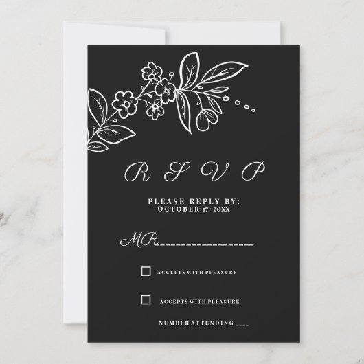 Eenvoudige elegante zwart witte bloemenrsvp kaart (Voorkant)