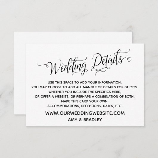 Eenvoudige, Elegante zwart-witte bruiloft details Informatiekaartje (Voorkant / Achterkant)