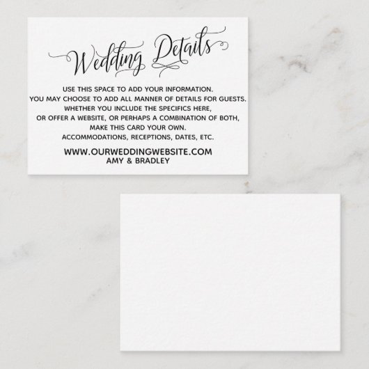 Eenvoudige, Elegante zwart-witte bruiloft details Informatiekaartje (Voorkant / Achterkant)