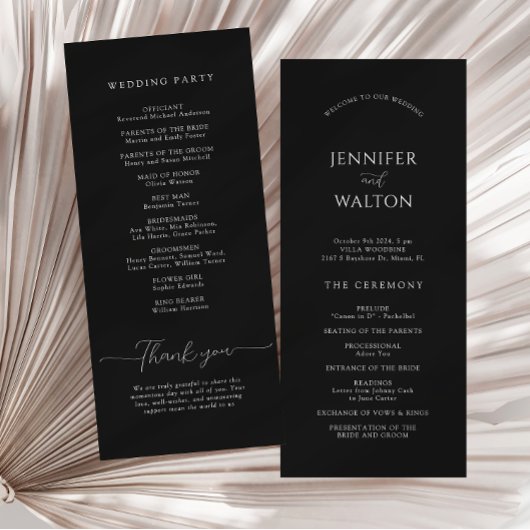 Eenvoudige Elegante zwart-witte bruiloft Programmakaart
