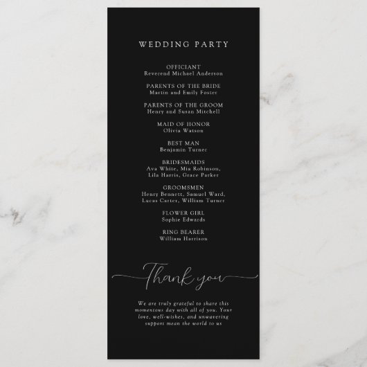 Eenvoudige Elegante zwart-witte bruiloft Programmakaart (Achterkant)