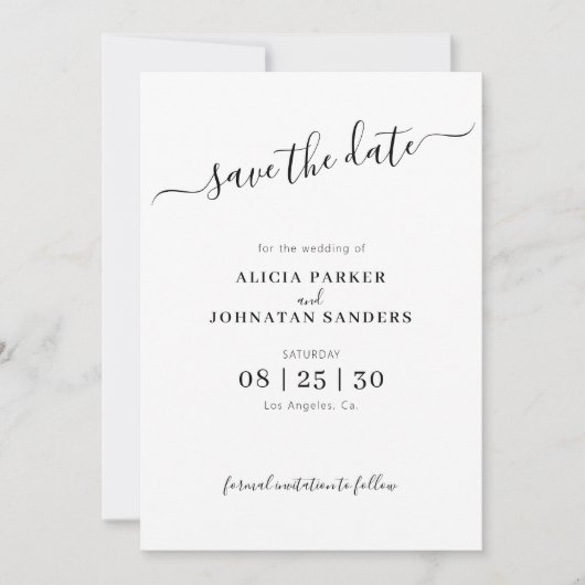 Eenvoudige elegante zwart-witte bruiloft save the date (Voorkant)