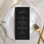 Eenvoudige Elegante zwarte bruiloft Menu<br><div class="desc">Verbeter uw eetervaring met de Simple Elegant Black Menu Kaart. Uitgelijnd met het huwelijksthema,  vertonen deze kaarten een zwarte achtergrond,  klassieke serif belettering en gepersonaliseerde aangepaste namen,  wat een elegante aanvulling is op uw tabelinstellingen.</div>