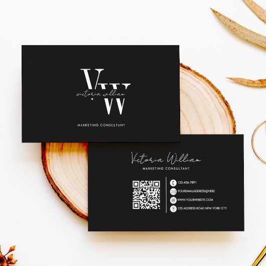 Eenvoudige Elegante Zwarte en Witte Beginletters  Visitekaartje