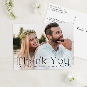 Eenvoudige elegante zwarte foto bruiloft dank u briefkaart
