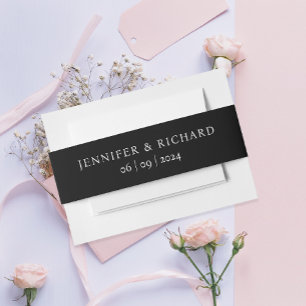 Eenvoudige elegante zwarte naam en datum bruiloft uitnodigingen wikkel