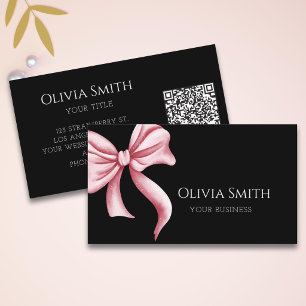 Eenvoudige Elegante Zwarte Roze Strik QR Code Visitekaartje