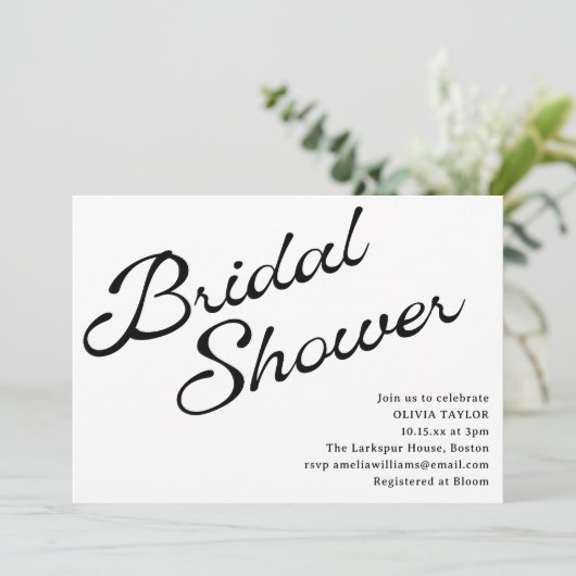 Eenvoudige Elegante Zwarte Witte Script Bruidsborr Kaart (Staand voorkant)