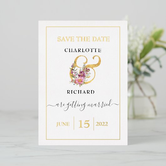 Eenvoudige elegantie, BESPAAR de DATUM, decoratiev Folie Uitnodiging (Staand Voorkant)