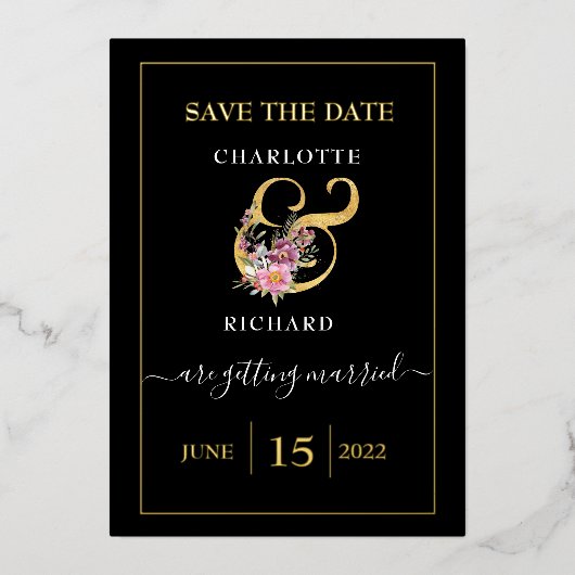 Eenvoudige elegantie, BESPAAR de DATUM, zwart en g Folie Uitnodiging (Voorkant)