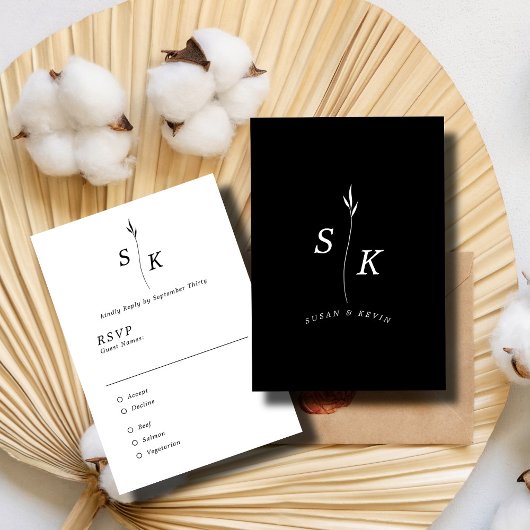 Eenvoudige Elegantie Blad Monogram Chique Bruiloft RSVP Kaartje
