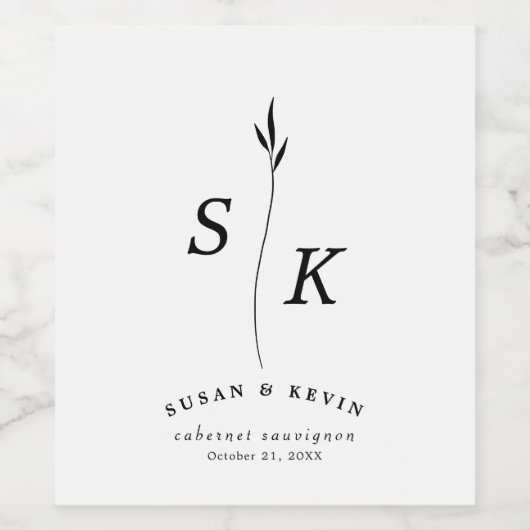 Eenvoudige Elegantie Blad Monogram Chique Bruiloft Wijn Etiket (Enkel label)