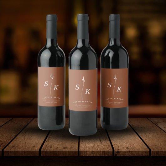 Eenvoudige Elegantie Blad Monogram Chique Bruiloft Wijn Etiket