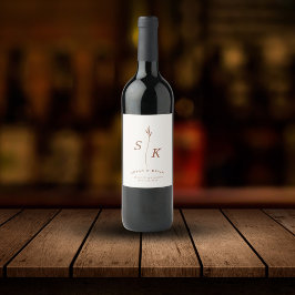 Eenvoudige Elegantie Blad Monogram Chique Bruiloft Wijn Etiket