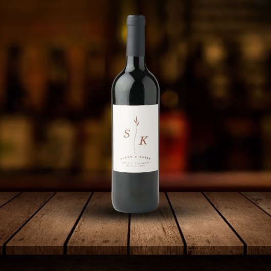 Eenvoudige Elegantie Blad Monogram Chique Bruiloft Wijn Etiket