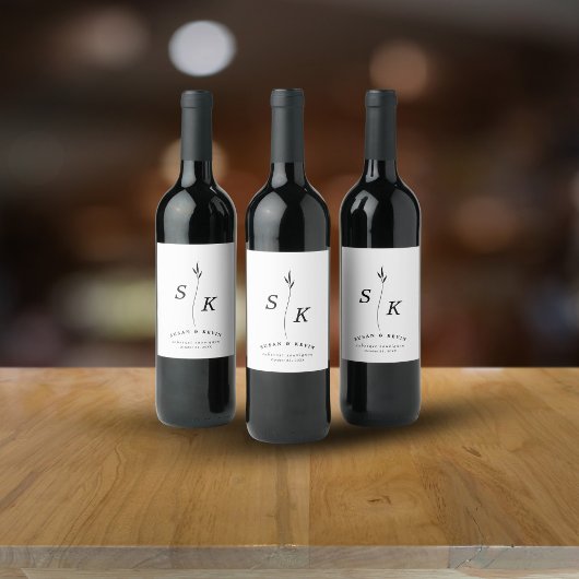 Eenvoudige Elegantie Blad Monogram Chique Bruiloft Wijn Etiket