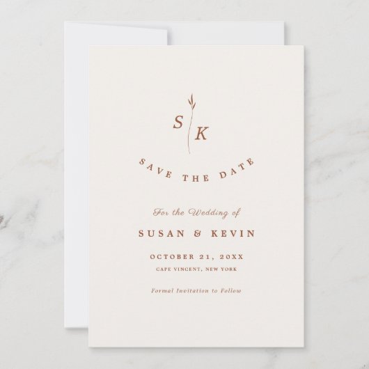 Eenvoudige Elegantie Blad Monogram Chique Cream Br Save The Date (Voorkant)