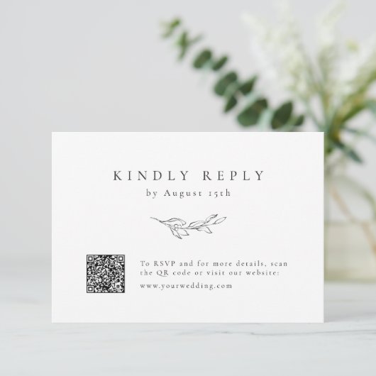 Eenvoudige elegantie botanisch groen QR code bruil RSVP Kaartje (Staand voorkant)