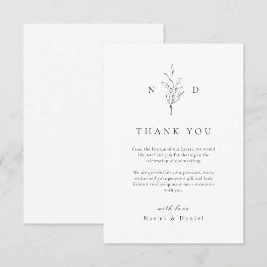 Eenvoudige elegantie botanische bladeren monogram bedankkaart (Voorkant / Achterkant)