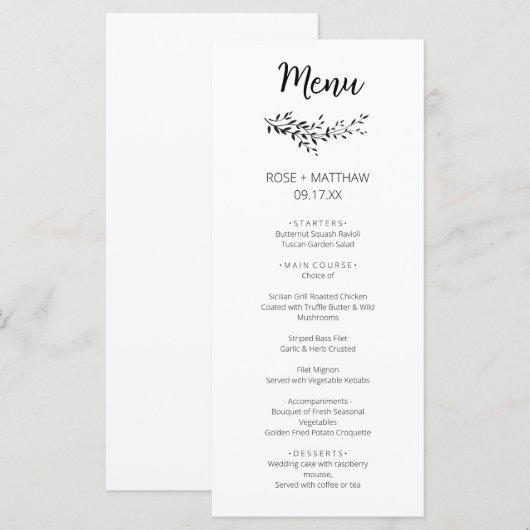 Eenvoudige elegantie botanische bladeren monogram menu (Voorkant / Achterkant)