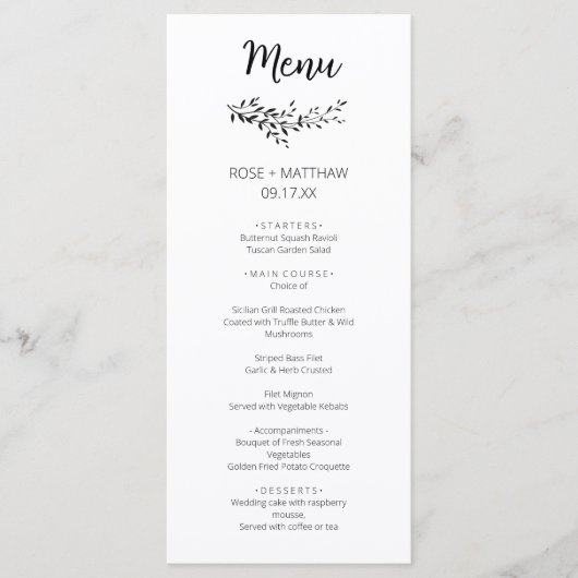 Eenvoudige elegantie botanische bladeren monogram menu (Voorkant)