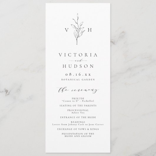 Eenvoudige elegantie botanische bladeren monogram programmakaart (Voorkant)