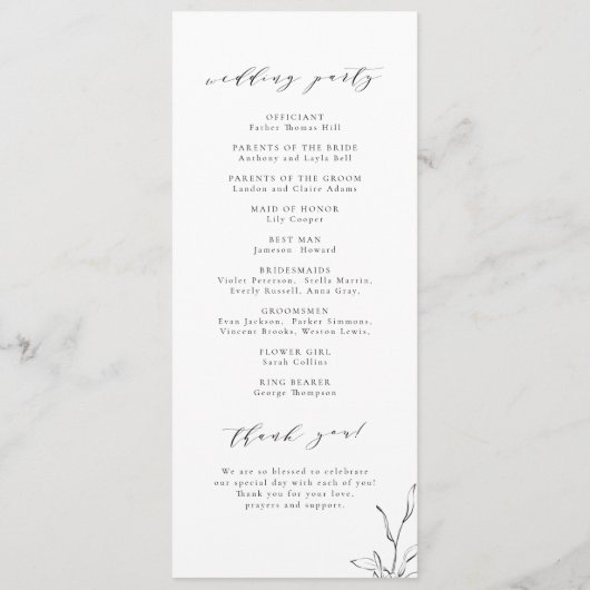 Eenvoudige elegantie botanische bladeren monogram  programmakaart (Achterkant)