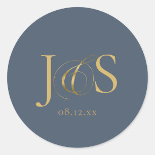 Eenvoudige Elegantie Bruiloft Initialen Blauw ID10 Ronde Sticker