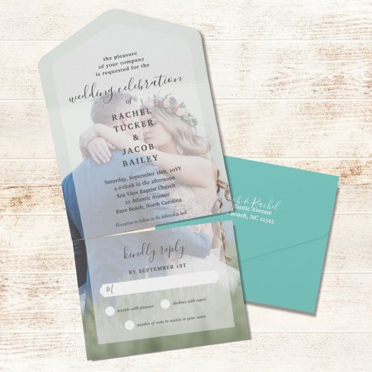 Eenvoudige Elegantie Full-Photo Lichte Blauwgroen  All In One Uitnodiging