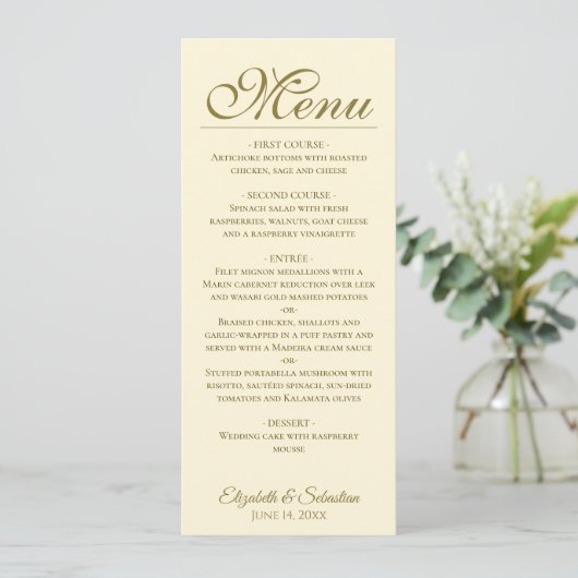 Eenvoudige Elegantie Goud & Ivoor Cream Bruiloft Menu (Staand voorkant)