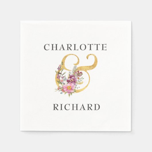Eenvoudige elegantie, goudkleur met roze Florals Servet (Voorkant)