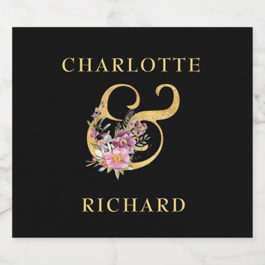 Eenvoudige elegantie, goudkleur met roze Florals Sparkling Wijnetiket (Enkel label)