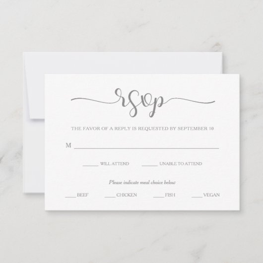 Eenvoudige elegantie | Grijze en witte RSVP Keuze  Kaartje (Voorkant)