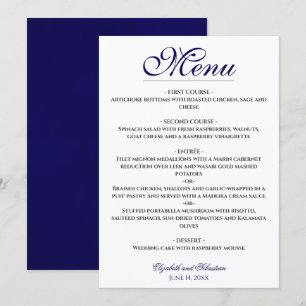 Eenvoudige Elegantie Marine Blauw & Wit Trouwmenu Menu