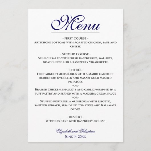 Eenvoudige Elegantie Marine Blauw & Wit Trouwmenu Menu (Voorkant)