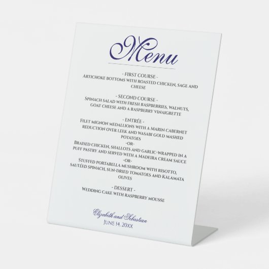 Eenvoudige Elegantie Marine Blauw & Wit Trouwmenu Reclamebord Met Voetstuk (Voorkant)