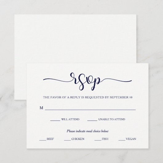 Eenvoudige elegantie | Minimale marineblauw en wit RSVP Kaartje (Voorkant / Achterkant)
