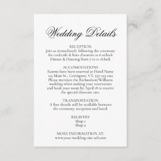 Eenvoudige Elegantie Zwart-wit bruiloft Details Informatiekaartje
