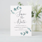 Eenvoudige elegyptusbladeren en kalligrafie save the date (Staand voorkant)