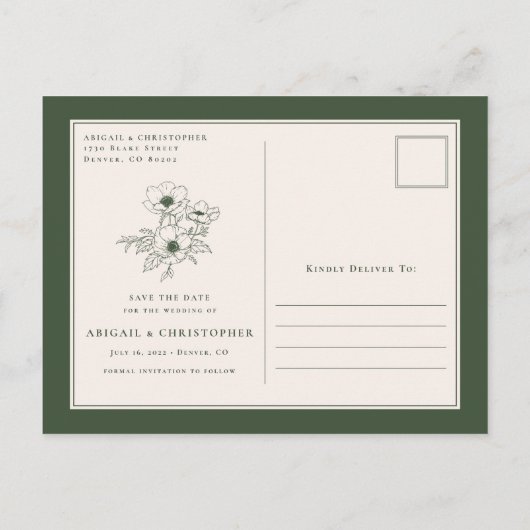 Eenvoudige Emerald Anemone Art Floral Save the Dat Aankondigingskaart (Achterkant)