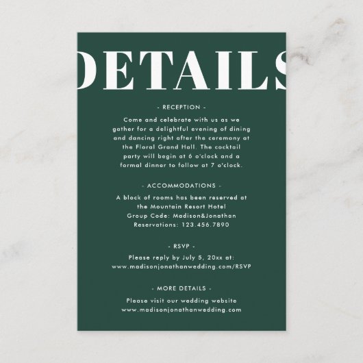 Eenvoudige Emerald Green Bold Moderne bruiloft Det Informatiekaartje (Voorkant)
