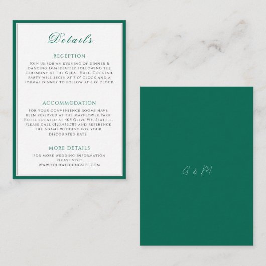 Eenvoudige Emerald Green Wedding Info Enclosure Ka Informatiekaartje (Voorkant / Achterkant)