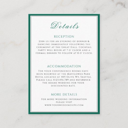 Eenvoudige Emerald Green Wedding Info Enclosure Ka Informatiekaartje (Voorkant)