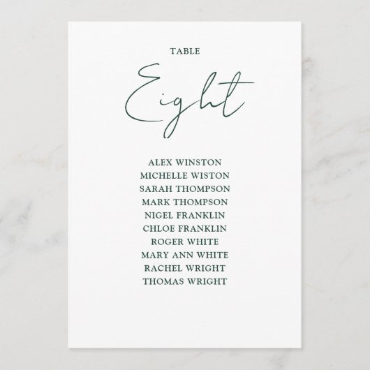 Eenvoudige Emerald Green Zitting Grafiek Tafelnumm Kaart (Voorkant)