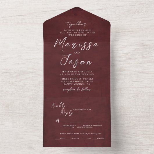 Eenvoudige en elegante Bourgondische bruiloft All In One Uitnodiging (Binnen)